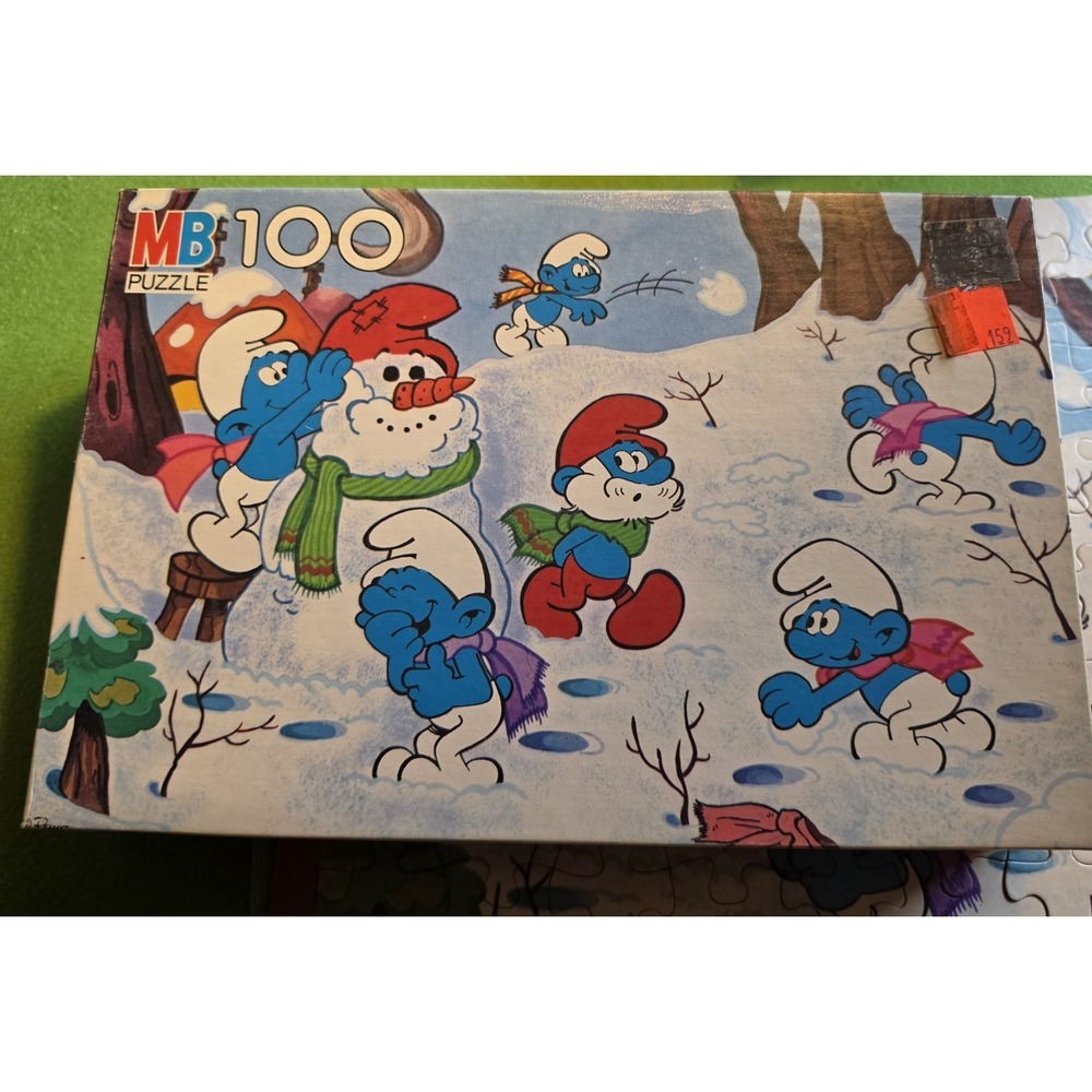 Vintage Smurf 100‎ Piece Puzzle 16x11 MB 1982 Winter Scene Snow Complete